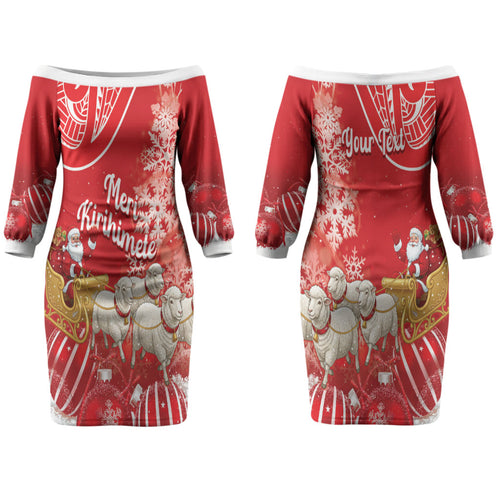 New Zealand Christmas In July Personalised Couples Matching Off The Shoulder Long Sleeve Dress and Hawaiian Shirt Funny Santa Sheep Meri Kirihimete Red LT14