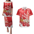 New Zealand Christmas In July Personalised Couples Matching Puletasi and Hawaiian Shirt Funny Santa Sheep Meri Kirihimete Red