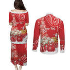 New Zealand Christmas In July Personalised Couples Matching Puletasi and Long Sleeve Button Shirt Funny Santa Sheep Meri Kirihimete Red