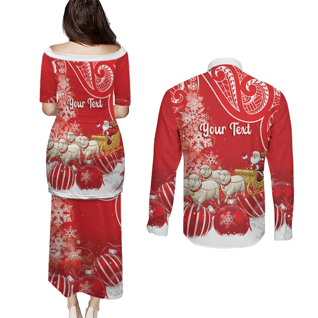 New Zealand Christmas In July Personalised Couples Matching Puletasi and Long Sleeve Button Shirt Funny Santa Sheep Meri Kirihimete Red
