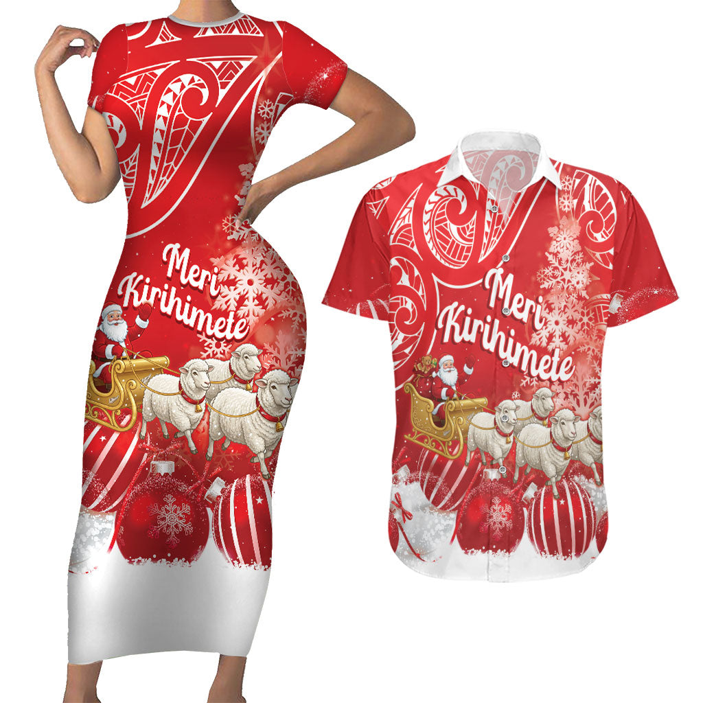 New Zealand Christmas In July Personalised Couples Matching Short Sleeve Bodycon Dress and Hawaiian Shirt Funny Santa Sheep Meri Kirihimete Red