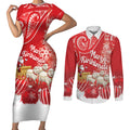 New Zealand Christmas In July Personalised Couples Matching Short Sleeve Bodycon Dress and Long Sleeve Button Shirt Funny Santa Sheep Meri Kirihimete Red