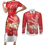 New Zealand Christmas In July Personalised Couples Matching Short Sleeve Bodycon Dress and Long Sleeve Button Shirt Funny Santa Sheep Meri Kirihimete Red