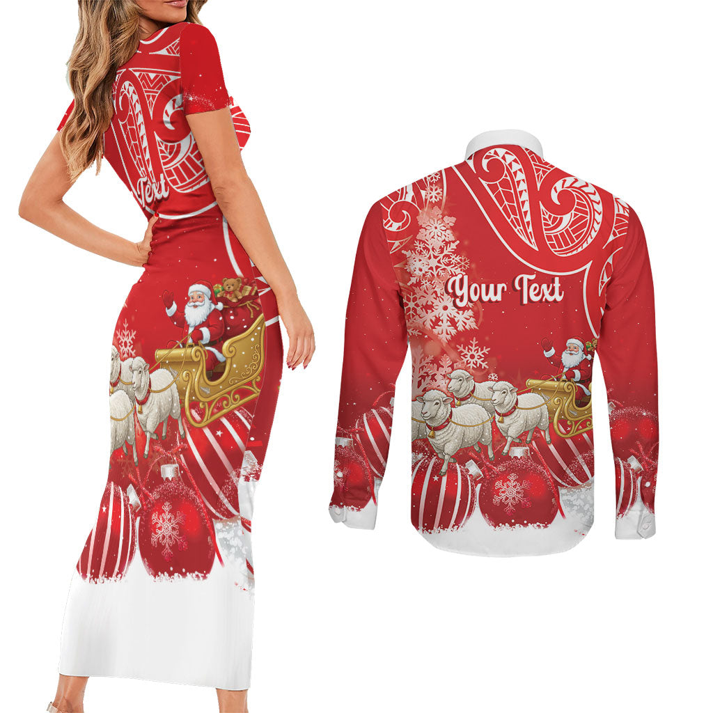 New Zealand Christmas In July Personalised Couples Matching Short Sleeve Bodycon Dress and Long Sleeve Button Shirt Funny Santa Sheep Meri Kirihimete Red