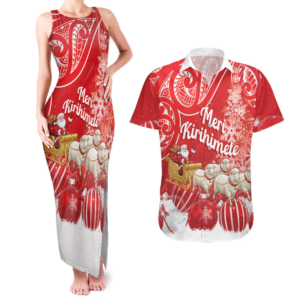 New Zealand Christmas In July Personalised Couples Matching Tank Maxi Dress and Hawaiian Shirt Funny Santa Sheep Meri Kirihimete Red