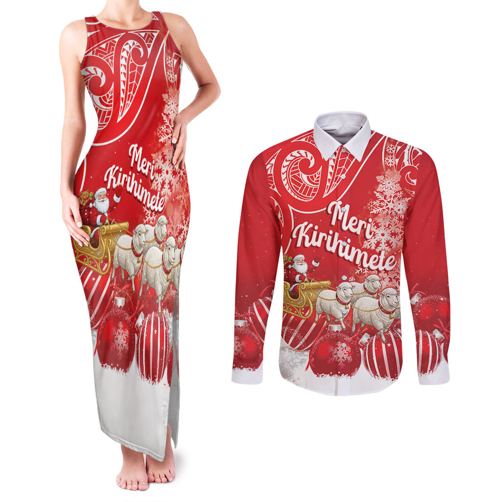 New Zealand Christmas In July Personalised Couples Matching Tank Maxi Dress and Long Sleeve Button Shirt Funny Santa Sheep Meri Kirihimete Red