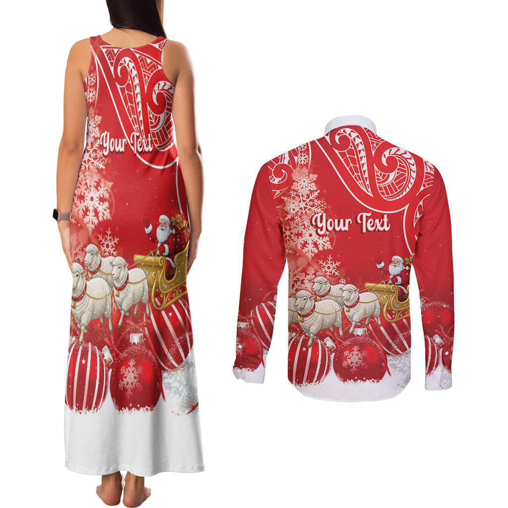 New Zealand Christmas In July Personalised Couples Matching Tank Maxi Dress and Long Sleeve Button Shirt Funny Santa Sheep Meri Kirihimete Red