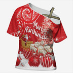 New Zealand Christmas In July Personalised Cross Shoulder Shirt Funny Santa Sheep Meri Kirihimete Red