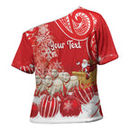New Zealand Christmas In July Personalised Cross Shoulder Shirt Funny Santa Sheep Meri Kirihimete Red