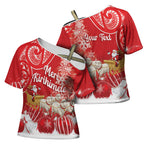 New Zealand Christmas In July Personalised Cross Shoulder Shirt Funny Santa Sheep Meri Kirihimete Red