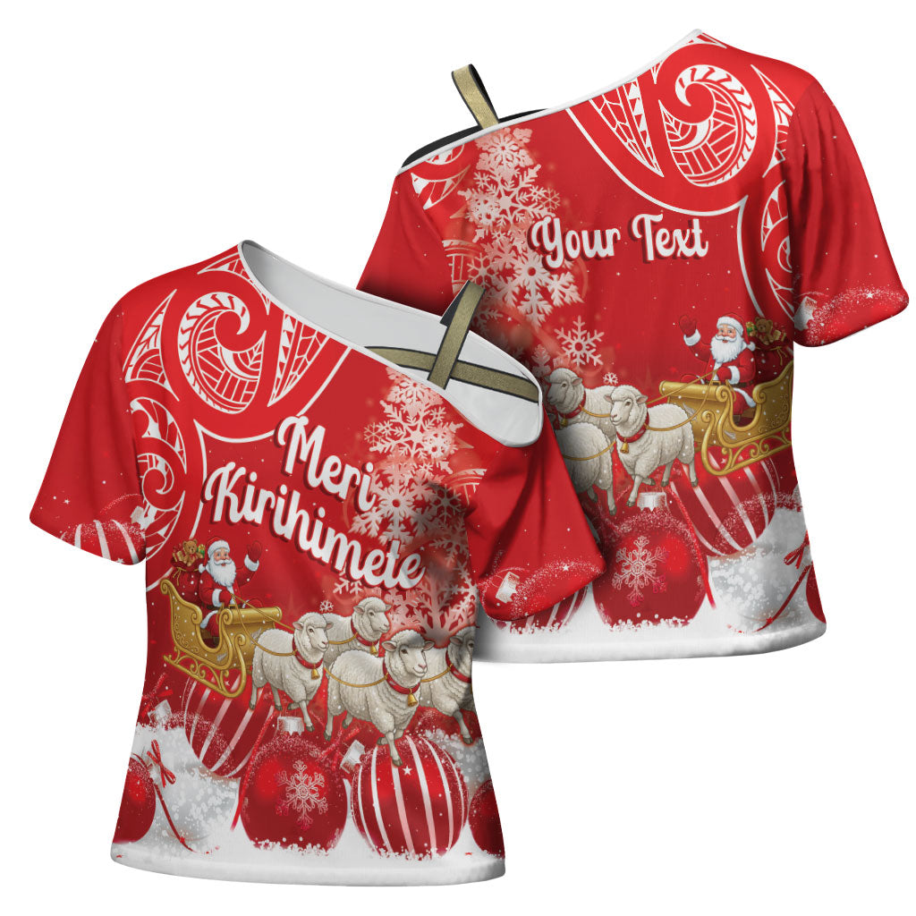New Zealand Christmas In July Personalised Cross Shoulder Shirt Funny Santa Sheep Meri Kirihimete Red