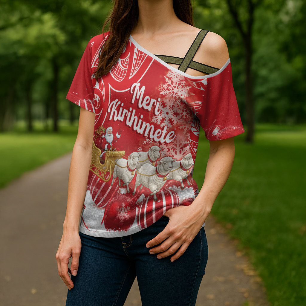 New Zealand Christmas In July Personalised Cross Shoulder Shirt Funny Santa Sheep Meri Kirihimete Red