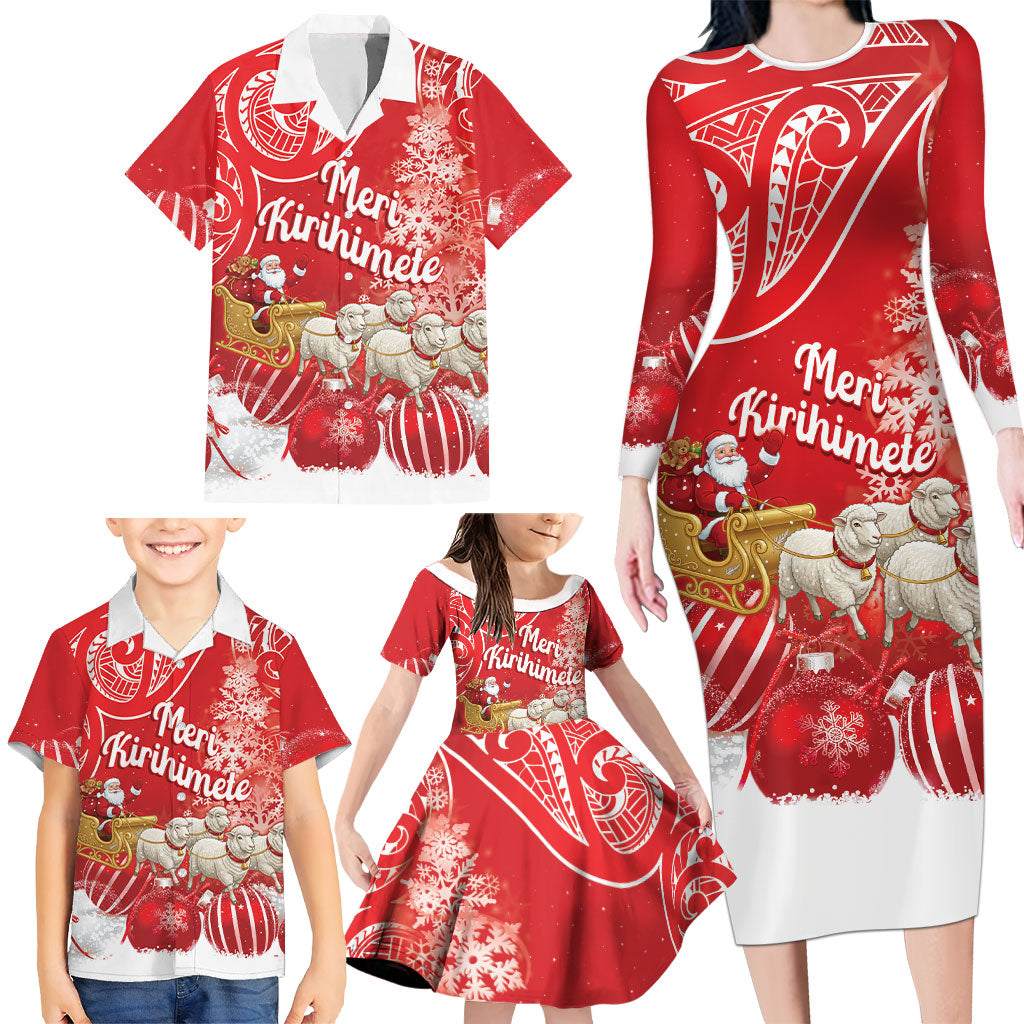 New Zealand Christmas In July Personalised Family Matching Long Sleeve Bodycon Dress and Hawaiian Shirt Funny Santa Sheep Meri Kirihimete Red