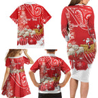 New Zealand Christmas In July Personalised Family Matching Long Sleeve Bodycon Dress and Hawaiian Shirt Funny Santa Sheep Meri Kirihimete Red