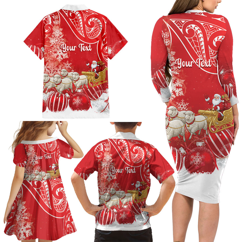 New Zealand Christmas In July Personalised Family Matching Long Sleeve Bodycon Dress and Hawaiian Shirt Funny Santa Sheep Meri Kirihimete Red