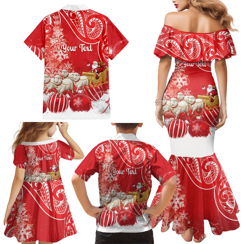 New Zealand Christmas In July Personalised Family Matching Mermaid Dress and Hawaiian Shirt Funny Santa Sheep Meri Kirihimete Red