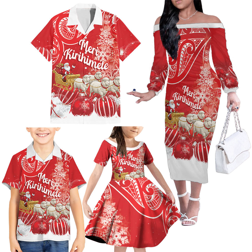 New Zealand Christmas In July Personalised Family Matching Off The Shoulder Long Sleeve Dress and Hawaiian Shirt Funny Santa Sheep Meri Kirihimete Red