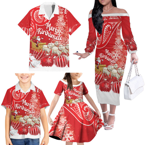 New Zealand Christmas In July Personalised Family Matching Off The Shoulder Long Sleeve Dress and Hawaiian Shirt Funny Santa Sheep Meri Kirihimete Red