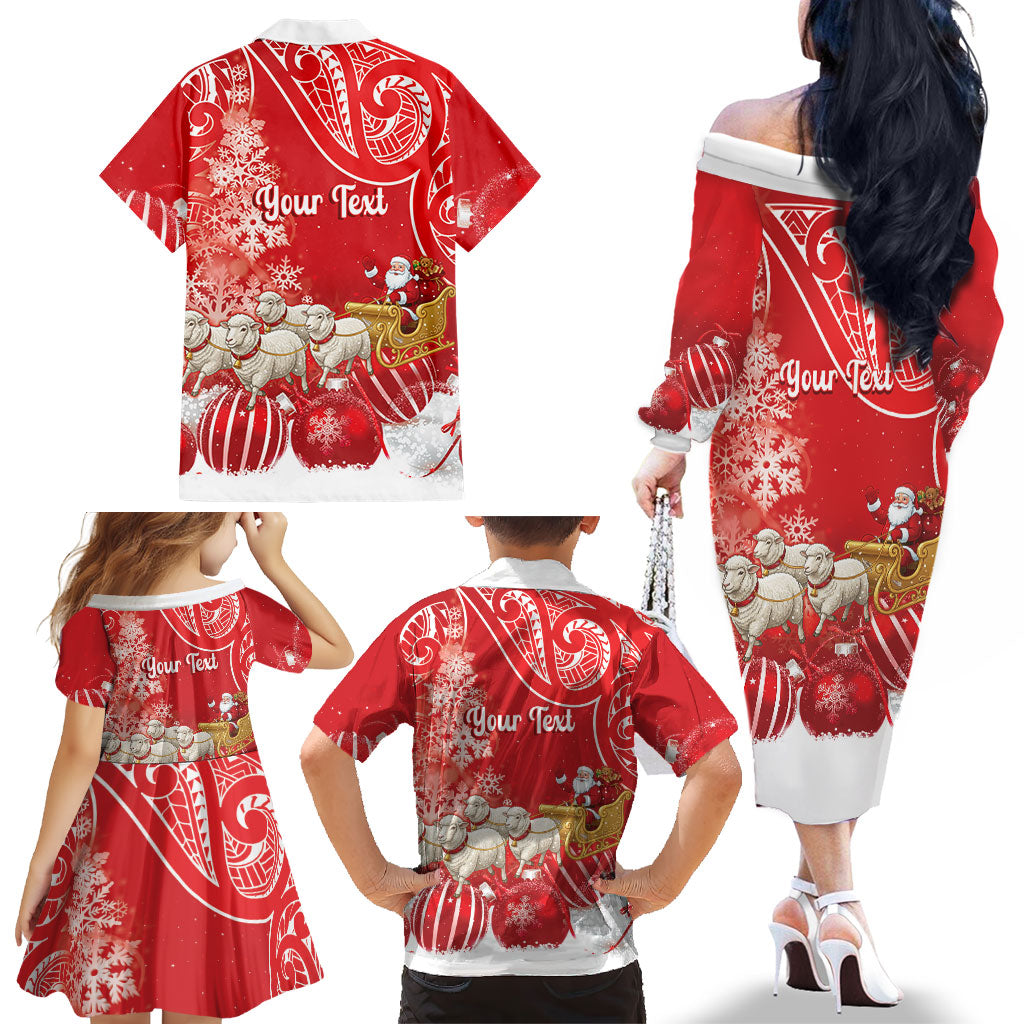 New Zealand Christmas In July Personalised Family Matching Off The Shoulder Long Sleeve Dress and Hawaiian Shirt Funny Santa Sheep Meri Kirihimete Red