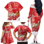 New Zealand Christmas In July Personalised Family Matching Off The Shoulder Long Sleeve Dress and Hawaiian Shirt Funny Santa Sheep Meri Kirihimete Red