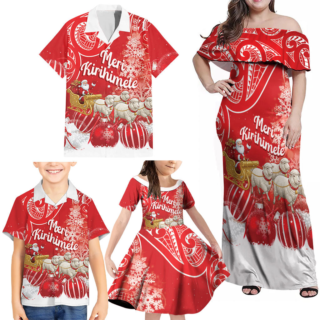 New Zealand Christmas In July Personalised Family Matching Off Shoulder Maxi Dress and Hawaiian Shirt Funny Santa Sheep Meri Kirihimete Red