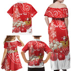 New Zealand Christmas In July Personalised Family Matching Off Shoulder Maxi Dress and Hawaiian Shirt Funny Santa Sheep Meri Kirihimete Red