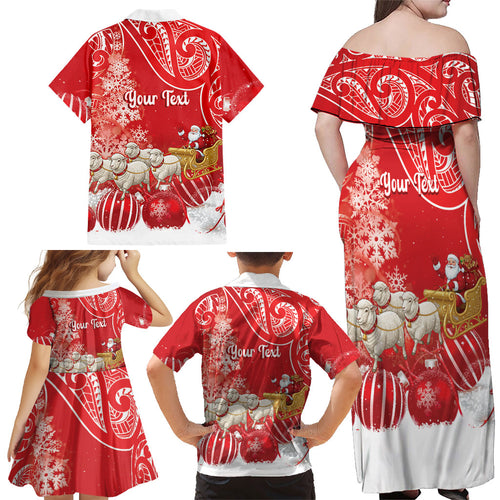 New Zealand Christmas In July Personalised Family Matching Off Shoulder Maxi Dress and Hawaiian Shirt Funny Santa Sheep Meri Kirihimete Red