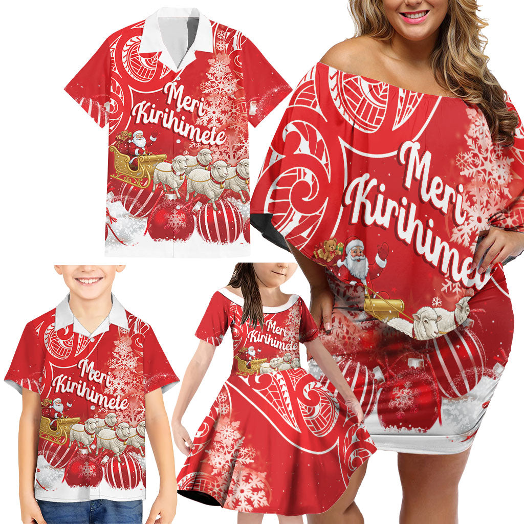 New Zealand Christmas In July Personalised Family Matching Off Shoulder Short Dress and Hawaiian Shirt Funny Santa Sheep Meri Kirihimete Red