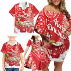 New Zealand Christmas In July Personalised Family Matching Off Shoulder Short Dress and Hawaiian Shirt Funny Santa Sheep Meri Kirihimete Red