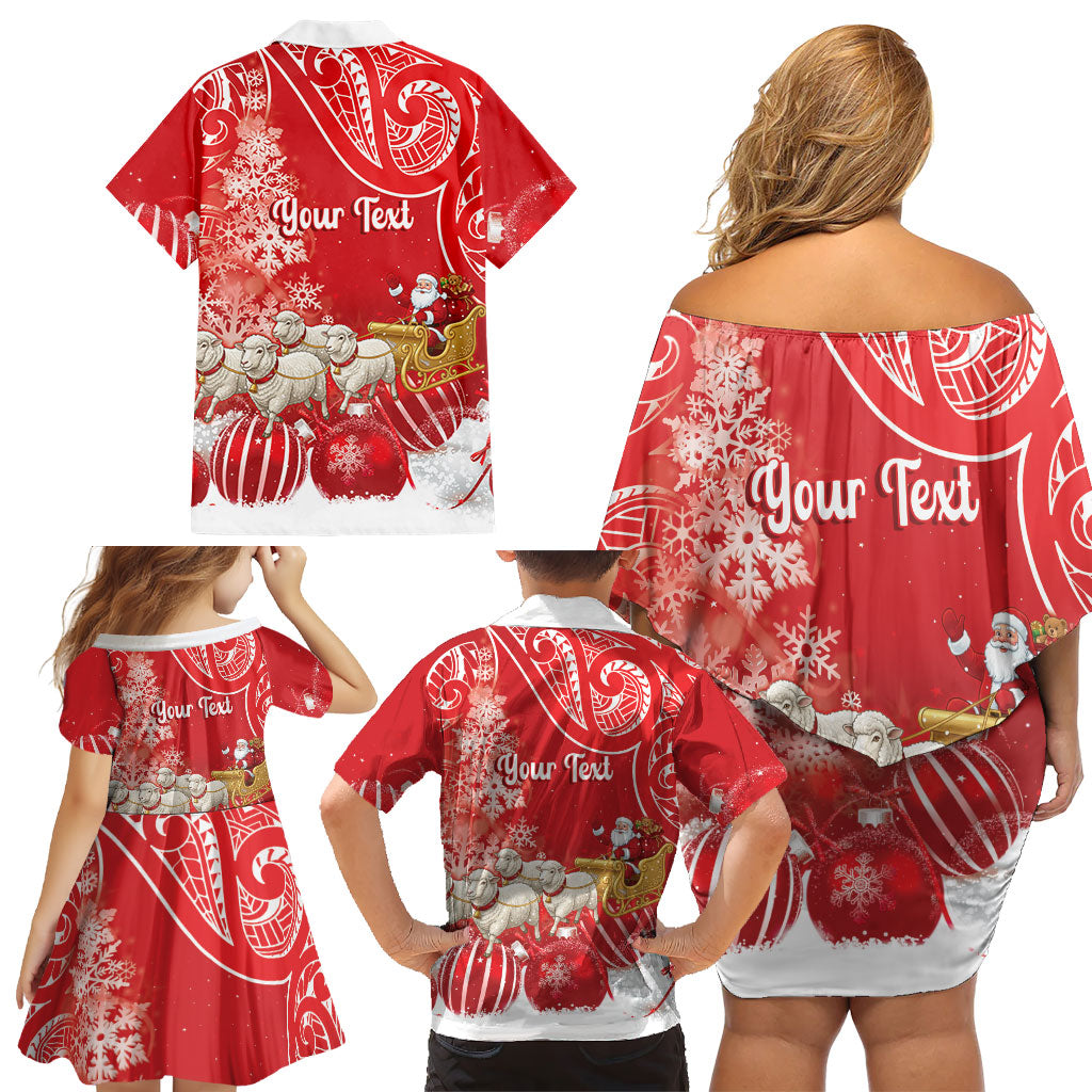 New Zealand Christmas In July Personalised Family Matching Off Shoulder Short Dress and Hawaiian Shirt Funny Santa Sheep Meri Kirihimete Red