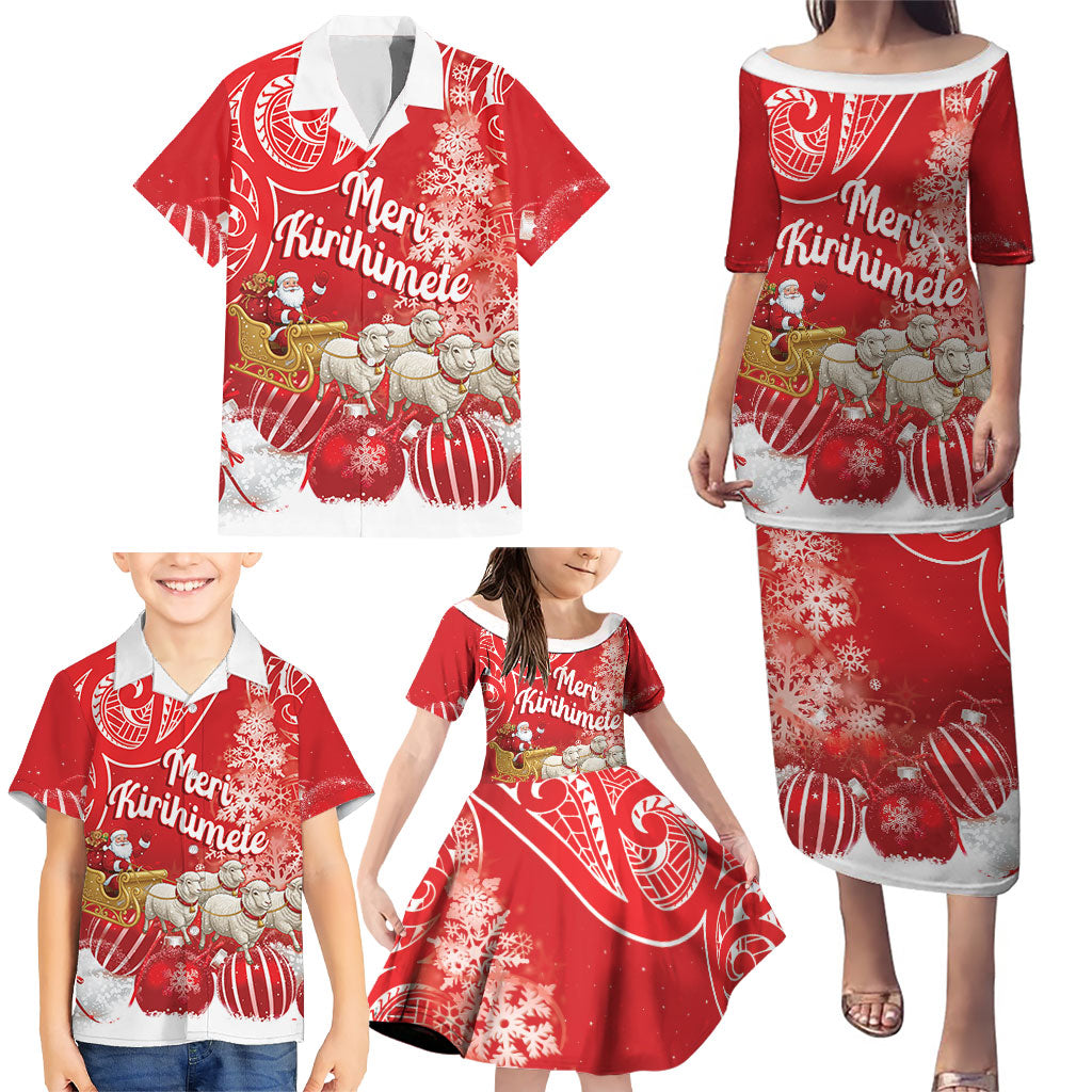 New Zealand Christmas In July Personalised Family Matching Puletasi and Hawaiian Shirt Funny Santa Sheep Meri Kirihimete Red