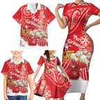 New Zealand Christmas In July Personalised Family Matching Short Sleeve Bodycon Dress and Hawaiian Shirt Funny Santa Sheep Meri Kirihimete Red