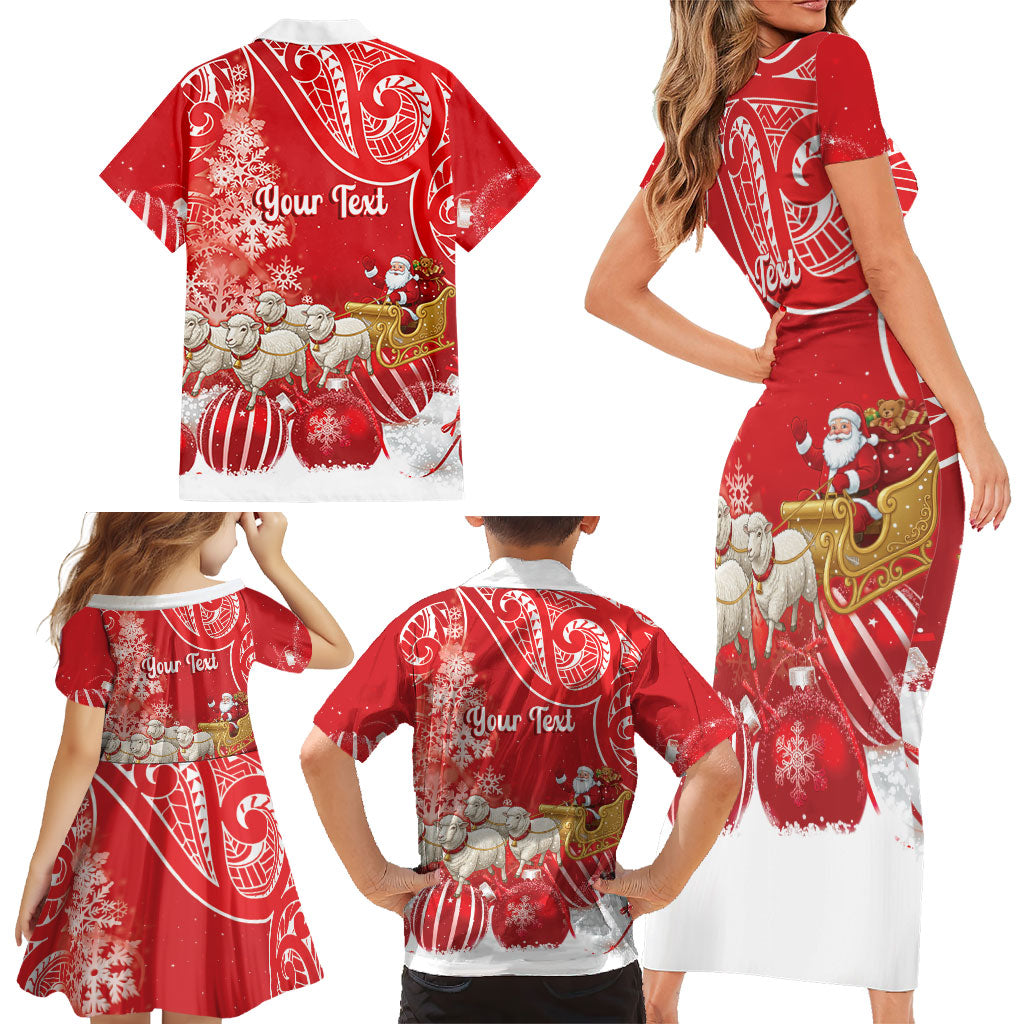 New Zealand Christmas In July Personalised Family Matching Short Sleeve Bodycon Dress and Hawaiian Shirt Funny Santa Sheep Meri Kirihimete Red