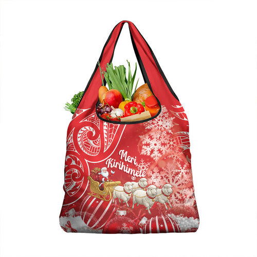 New Zealand Christmas In July Grocery Bag Funny Santa Sheep Meri Kirihimete Red