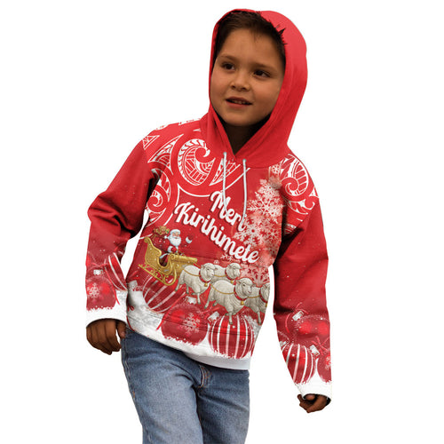 New Zealand Christmas In July Personalised Kid Hoodie Funny Santa Sheep Meri Kirihimete Red