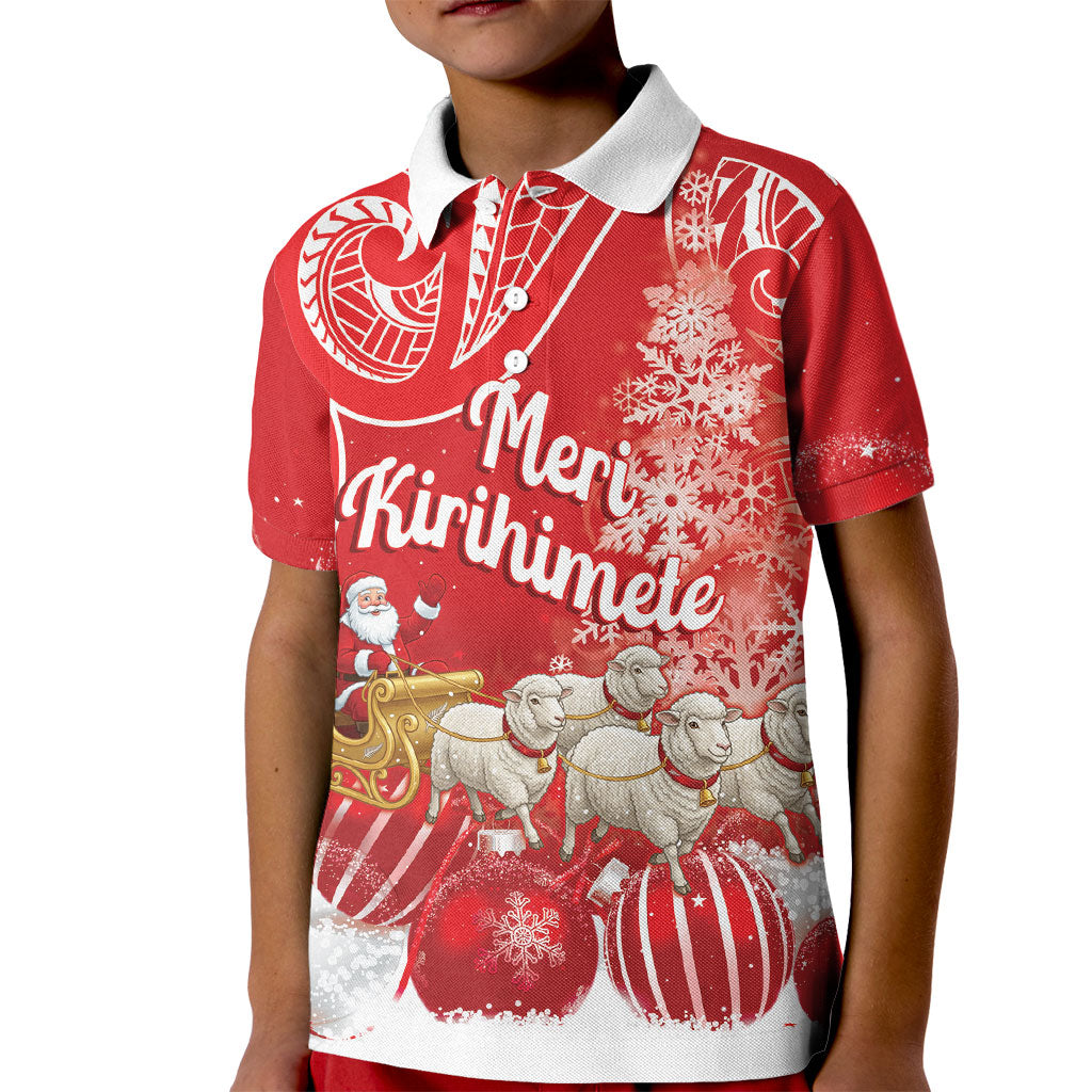 New Zealand Christmas In July Personalised Kid Polo Shirt Funny Santa Sheep Meri Kirihimete Red