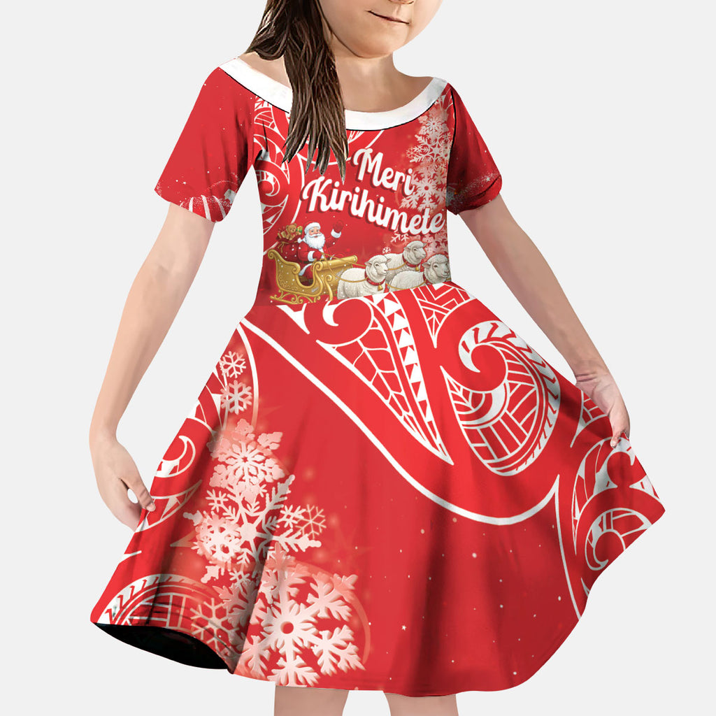 New Zealand Christmas In July Personalised Kid Short Sleeve Dress Funny Santa Sheep Meri Kirihimete Red