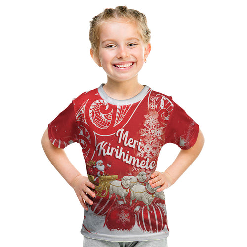 New Zealand Christmas In July Personalised Kid T Shirt Funny Santa Sheep Meri Kirihimete Red