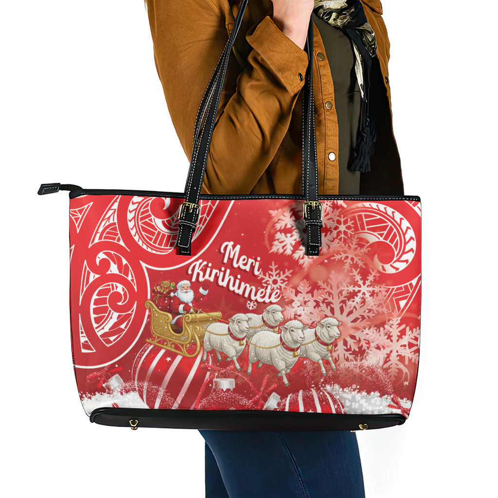 New Zealand Christmas In July Leather Tote Bag Funny Santa Sheep Meri Kirihimete Red