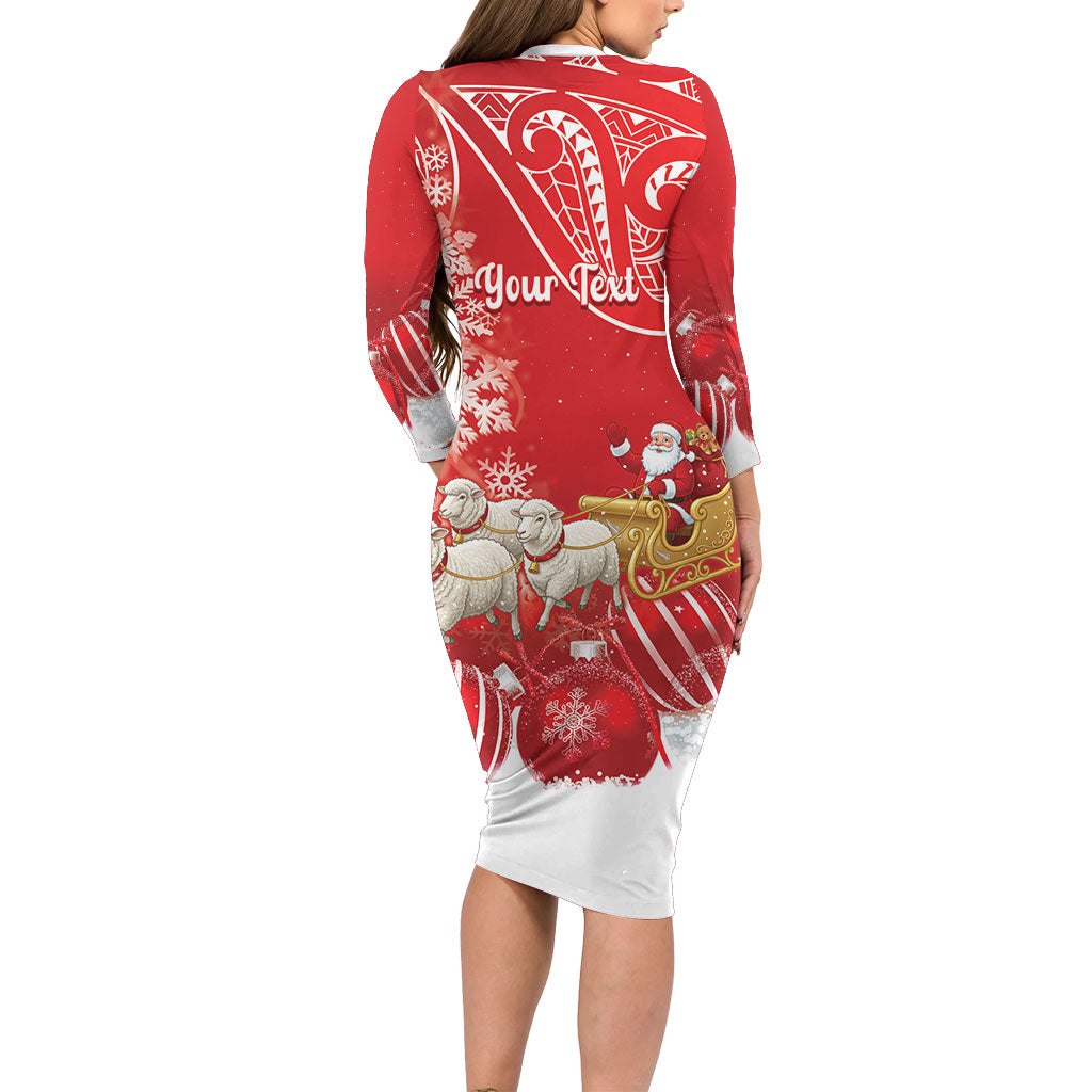 New Zealand Christmas In July Personalised Long Sleeve Bodycon Dress Funny Santa Sheep Meri Kirihimete Red