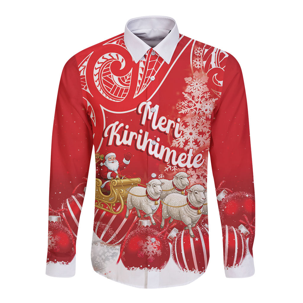 New Zealand Christmas In July Personalised Long Sleeve Button Shirt Funny Santa Sheep Meri Kirihimete Red