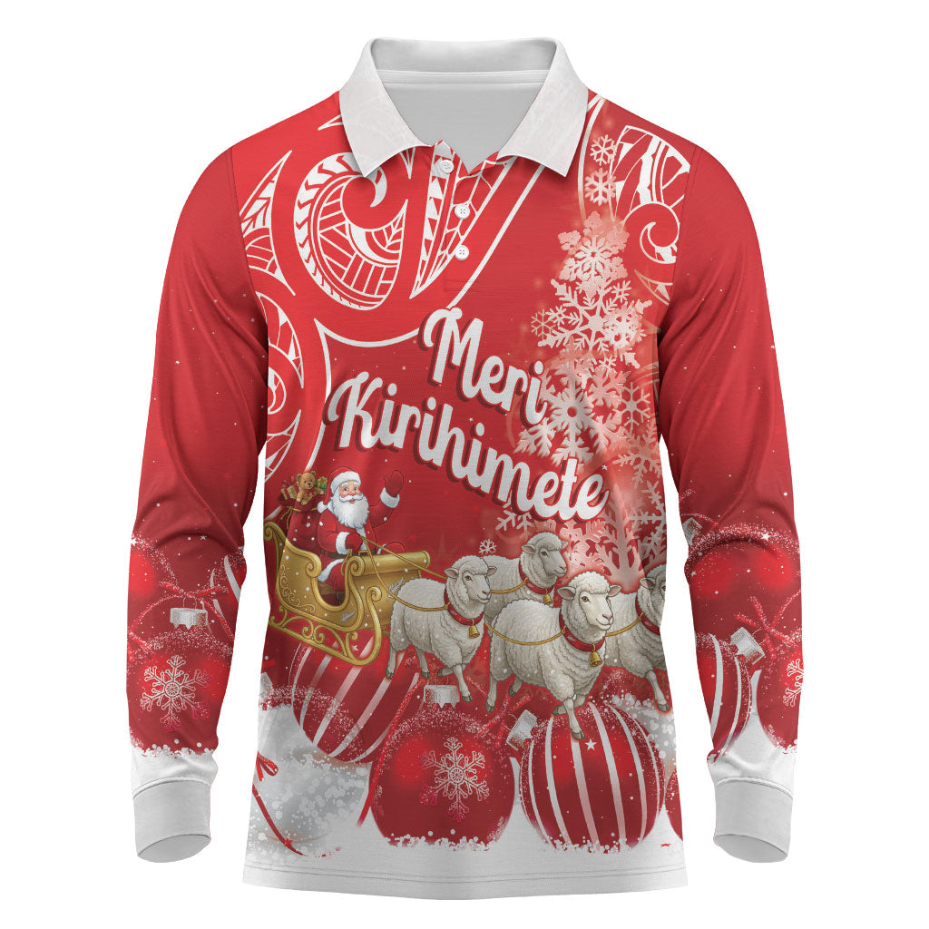 New Zealand Christmas In July Personalised Long Sleeve Polo Shirt Funny Santa Sheep Meri Kirihimete Red