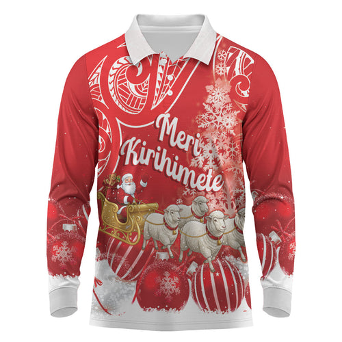 New Zealand Christmas In July Personalised Long Sleeve Polo Shirt Funny Santa Sheep Meri Kirihimete Red