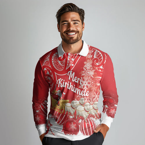 New Zealand Christmas In July Personalised Long Sleeve Polo Shirt Funny Santa Sheep Meri Kirihimete Red