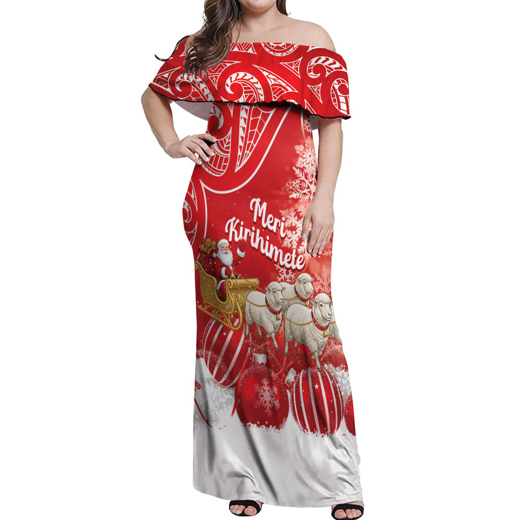 New Zealand Christmas In July Personalised Off Shoulder Maxi Dress Funny Santa Sheep Meri Kirihimete Red