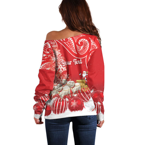New Zealand Christmas In July Personalised Off Shoulder Sweater Funny Santa Sheep Meri Kirihimete Red