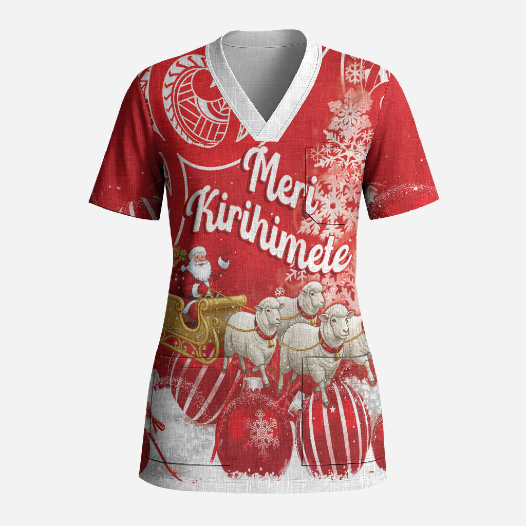 New Zealand Christmas In July Personalised Scrub Top Funny Santa Sheep Meri Kirihimete Red