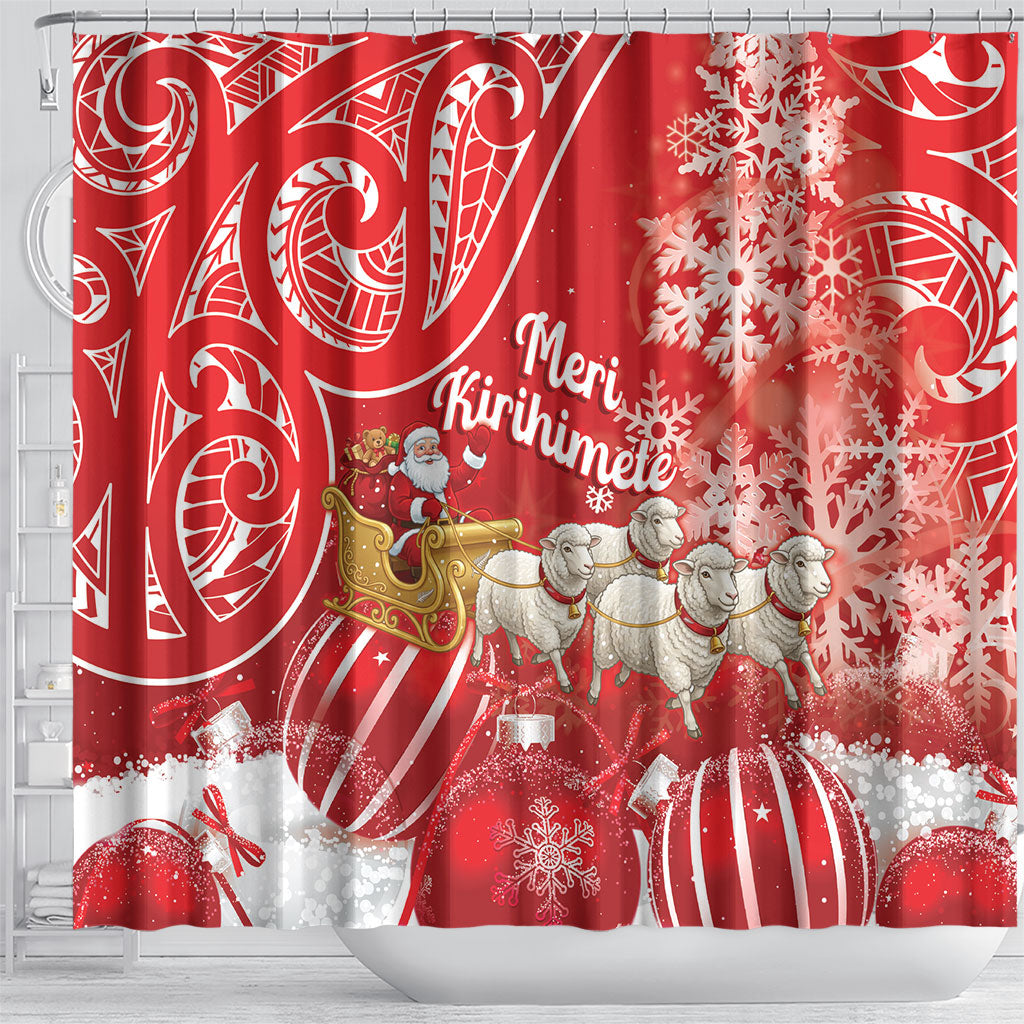 New Zealand Christmas In July Shower Curtain Funny Santa Sheep Meri Kirihimete Red