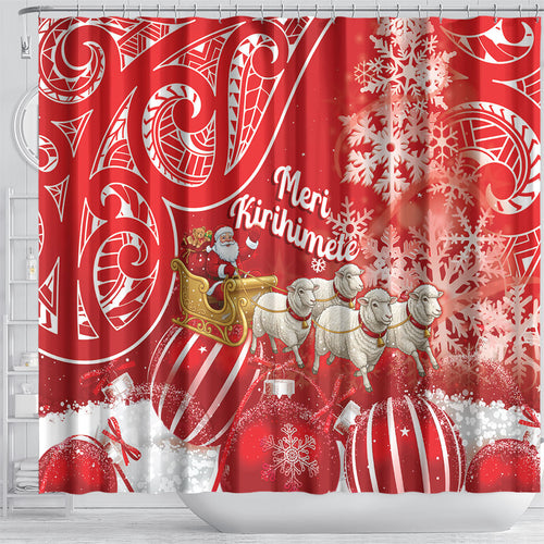 New Zealand Christmas In July Shower Curtain Funny Santa Sheep Meri Kirihimete Red