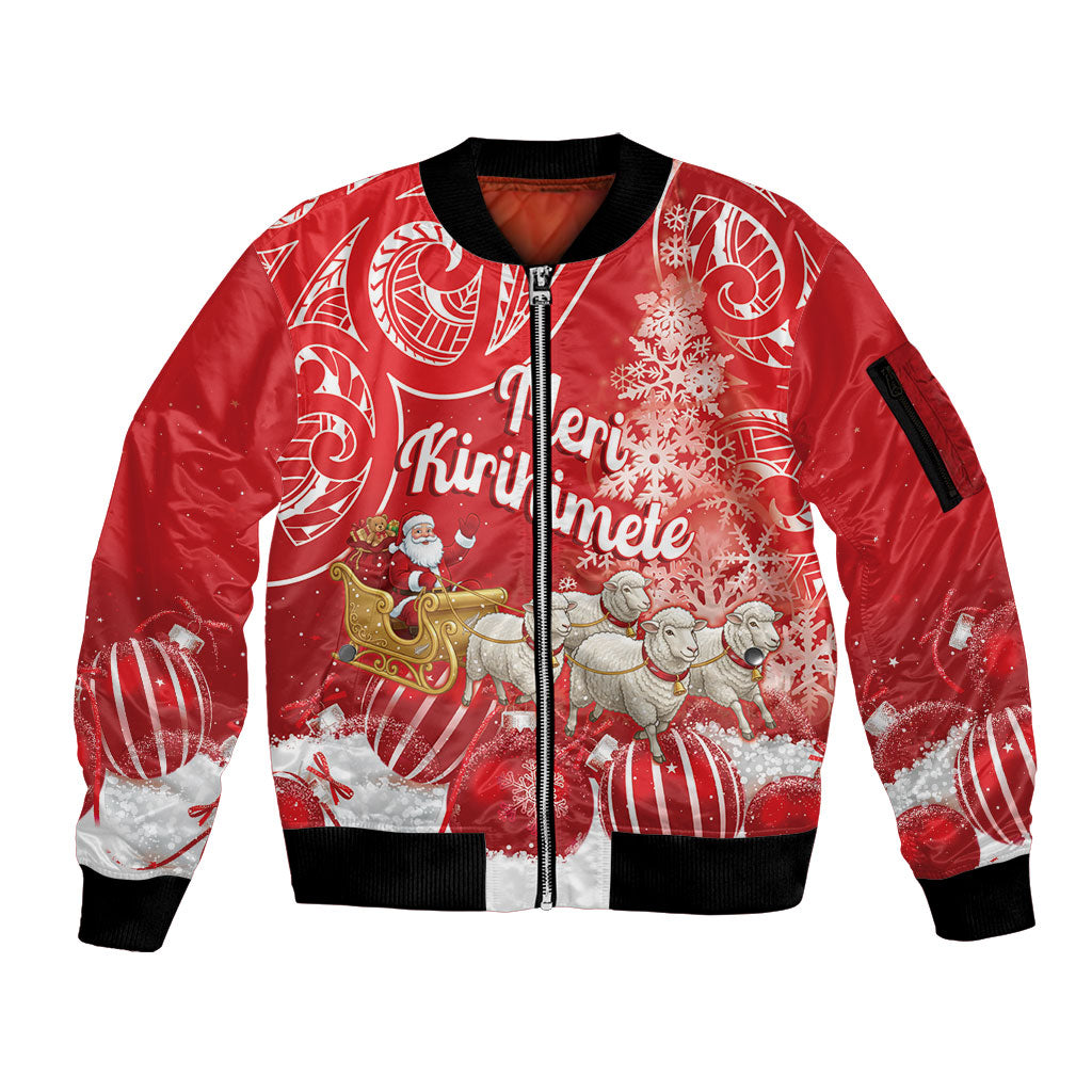 New Zealand Christmas In July Personalised Sleeve Zip Bomber Jacket Funny Santa Sheep Meri Kirihimete Red